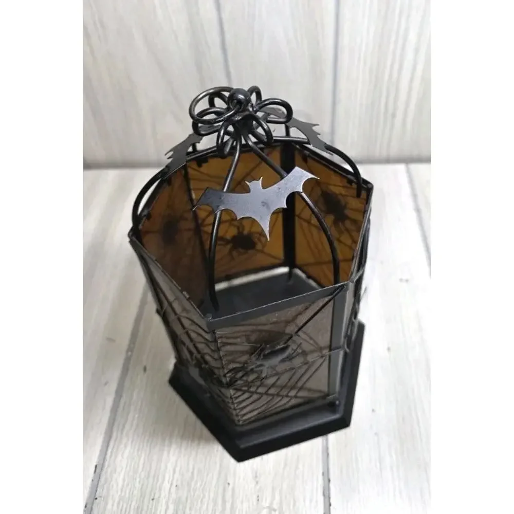 Vtg Halloween Lantern Votive Candle Holder Metal Spider Web Bats Orange Black